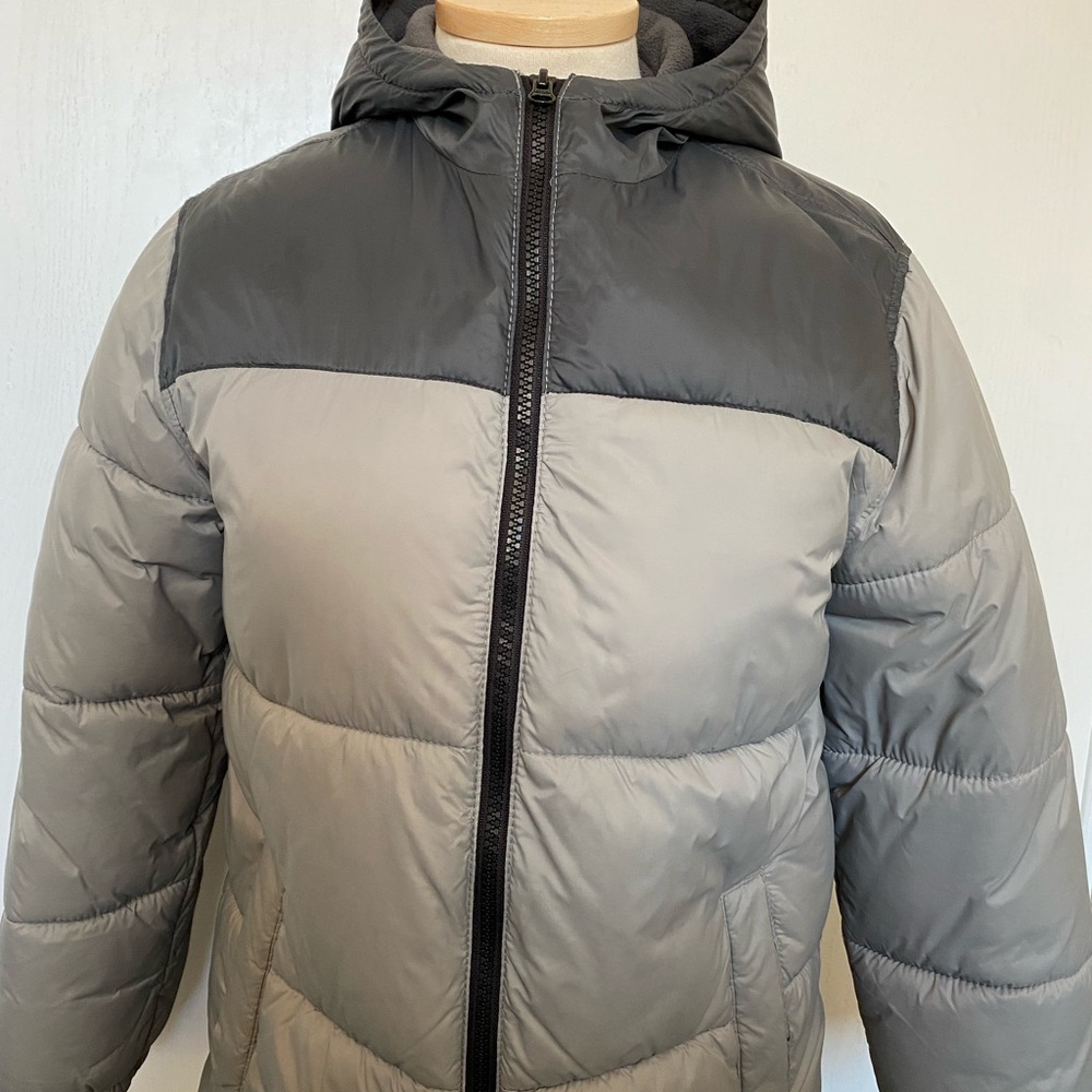 Light and dark gray combo puffer jacket.